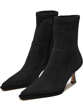Women's Fall Boots with Side Zip Ankle Pointed Toe Kitten Heel Black Suede